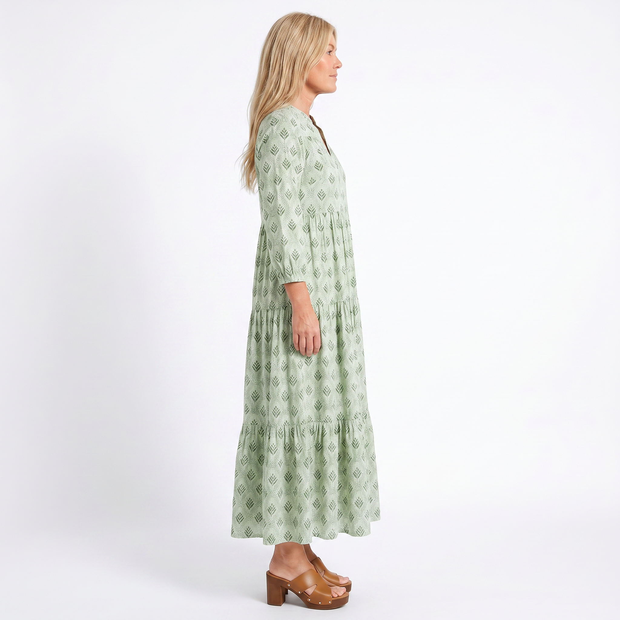 Anne|Kvinne Maxi Kjole V-Hals Løs Passform Vintage Print
