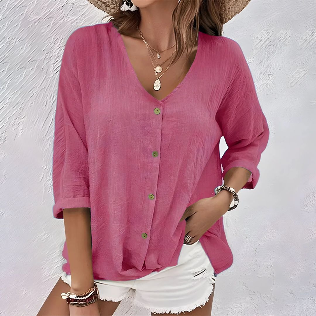 Felicia | Dame Bluse med Knapper og V-hals