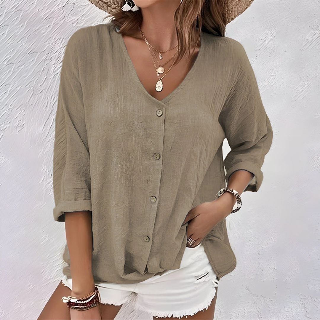 Felicia | Dame Bluse med Knapper og V-hals