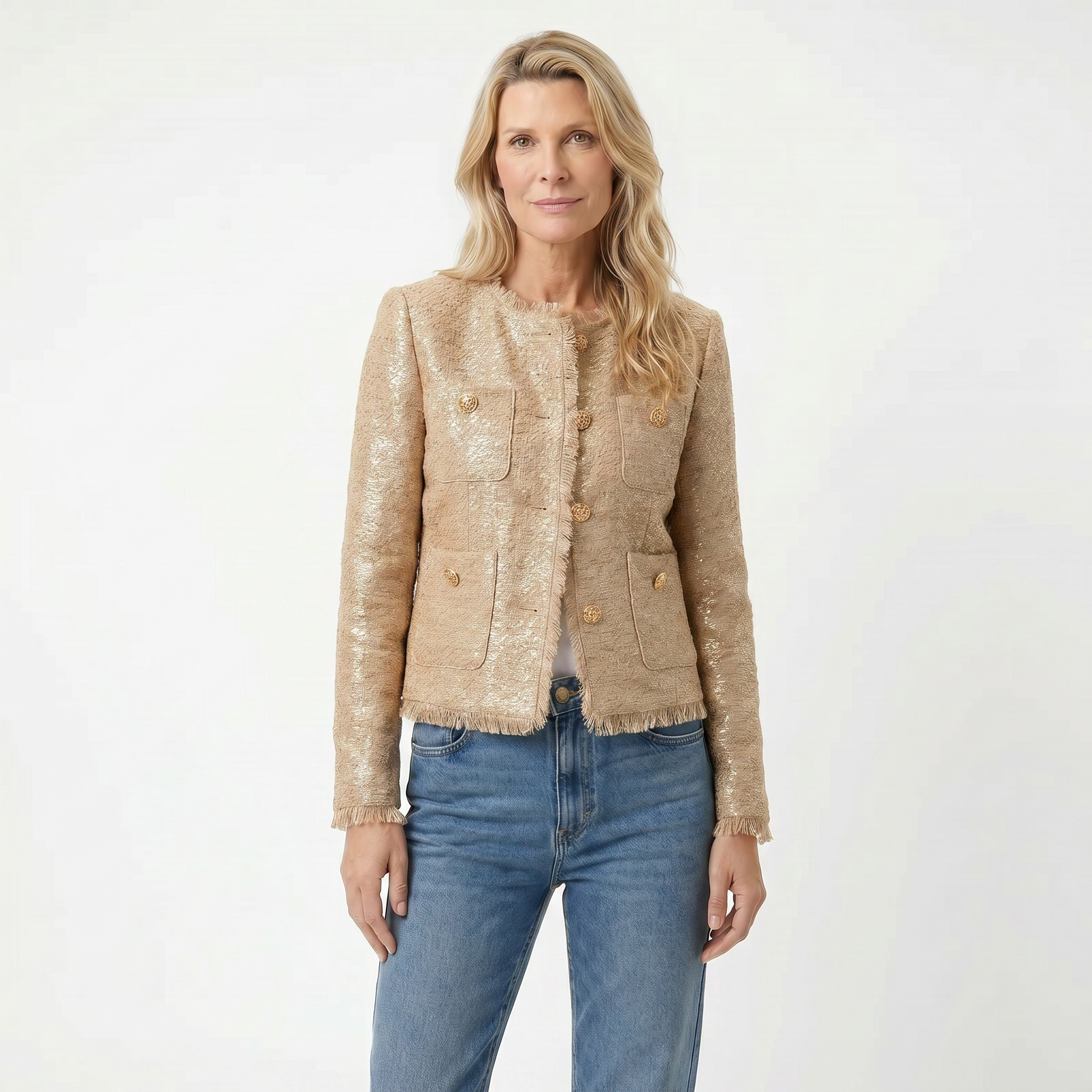 Frøya | Dame Tweed Jakke med Frynser og Gullknapper – Elegant Kort Bouclé Jakke Beige