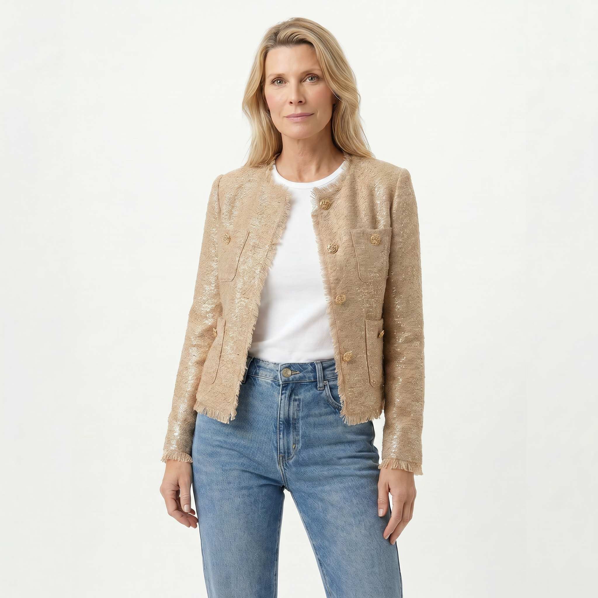 Frøya | Dame Tweed Jakke med Frynser og Gullknapper – Elegant Kort Bouclé Jakke Beige