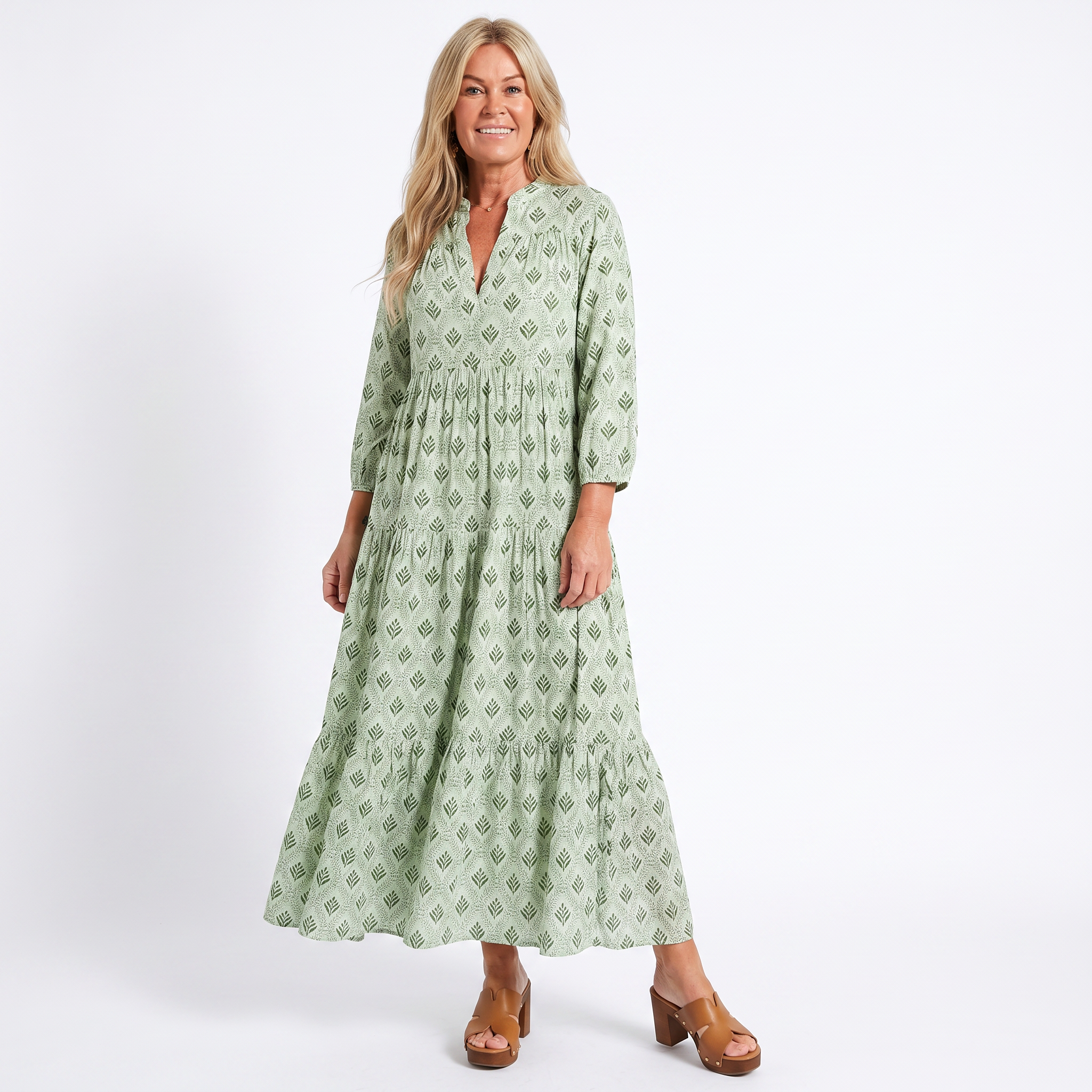 Anne|Kvinne Maxi Kjole V-Hals Løs Passform Vintage Print