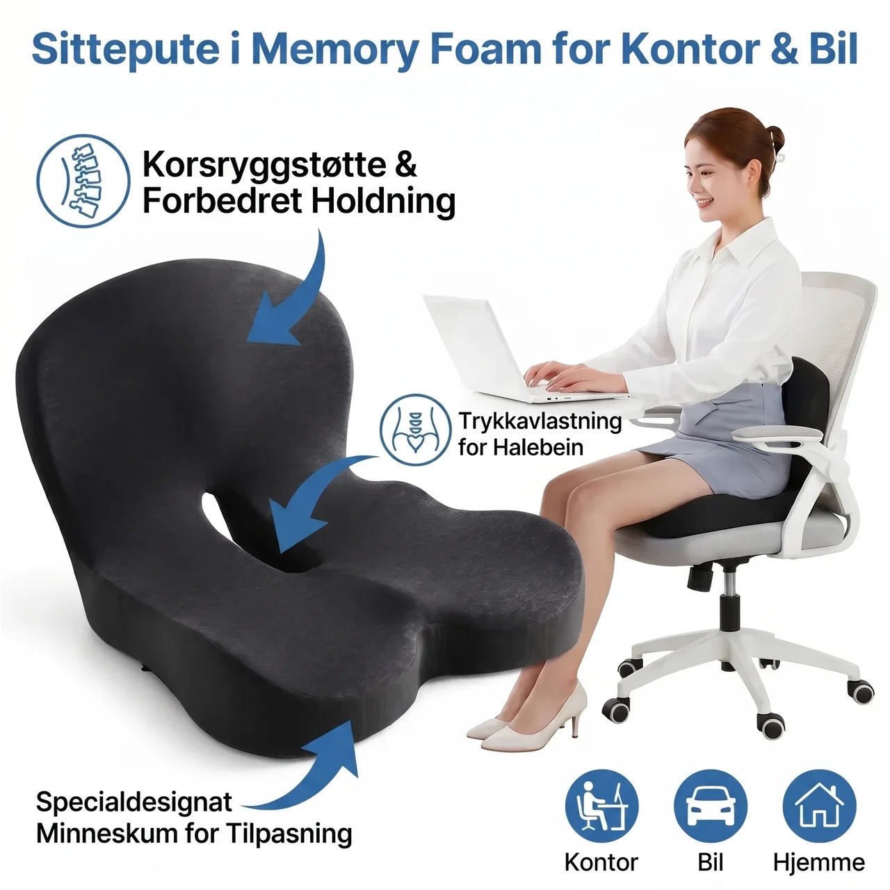 L-formet sittepute i memory foam med ryggstøtte for kontorstol, bil og hjem