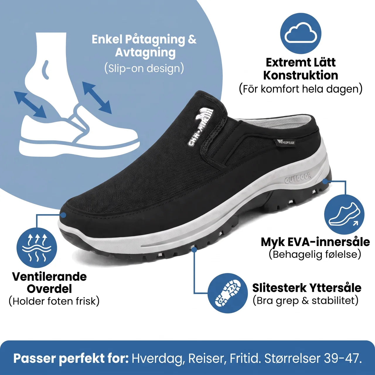 Lette slip-on fritidssko for herre