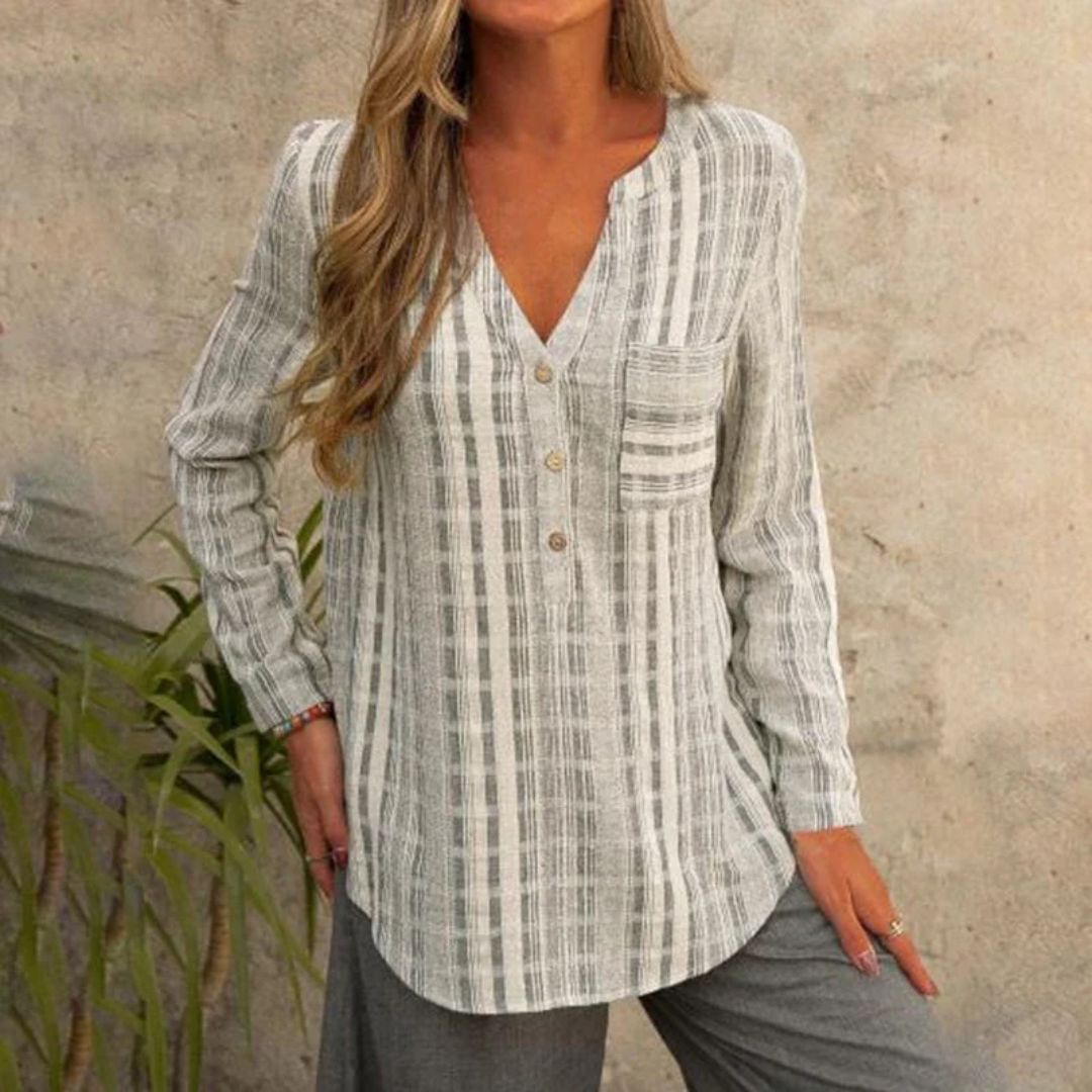 Turid | Stripete Bluse med V-Hals – Langermet og Uformell