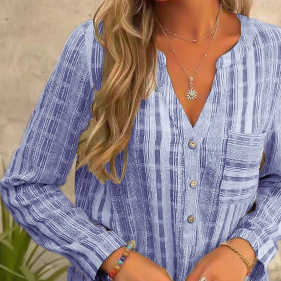 Turid | Stripete Bluse med V-Hals – Langermet og Uformell