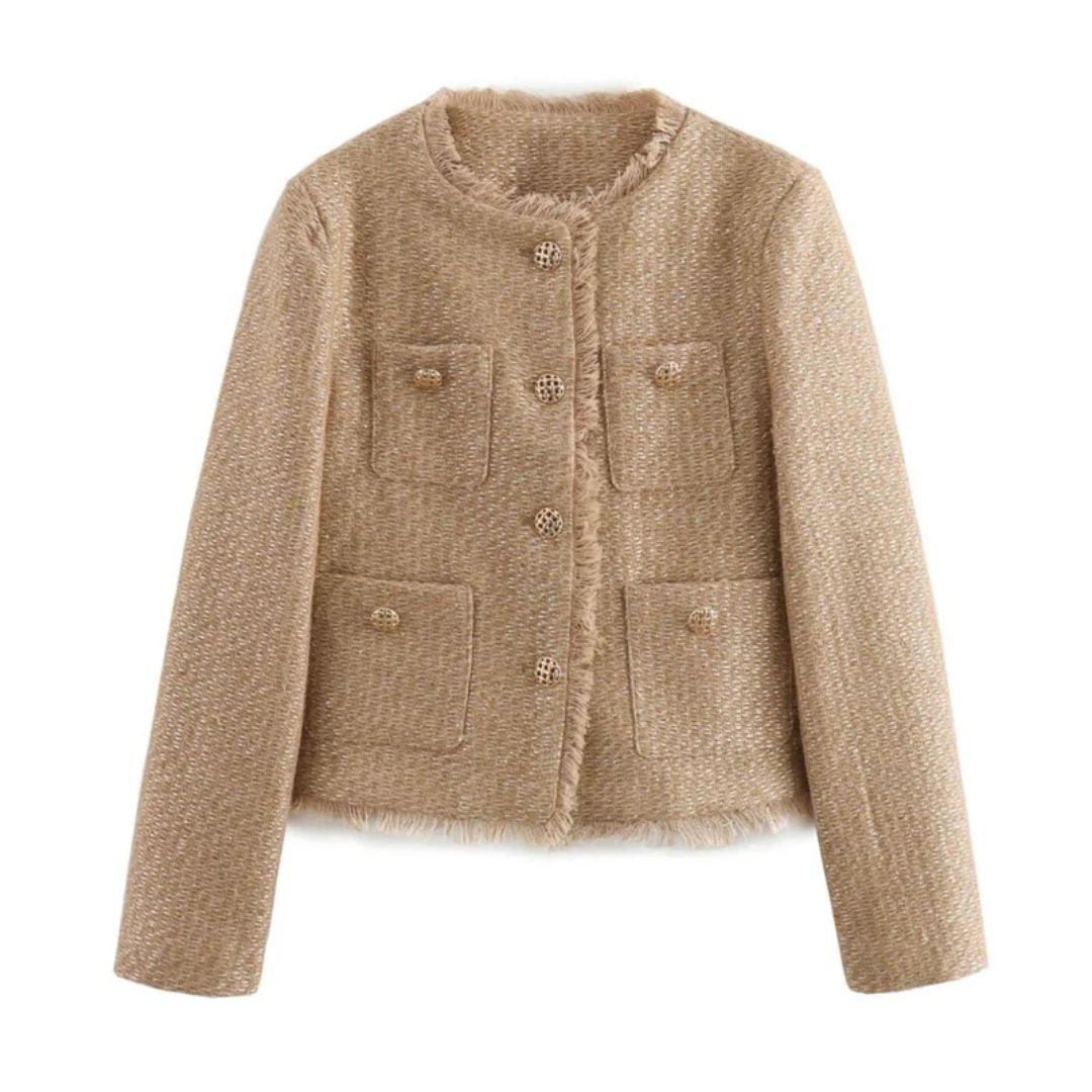 Frøya | Dame Tweed Jakke med Frynser og Gullknapper – Elegant Kort Bouclé Jakke Beige