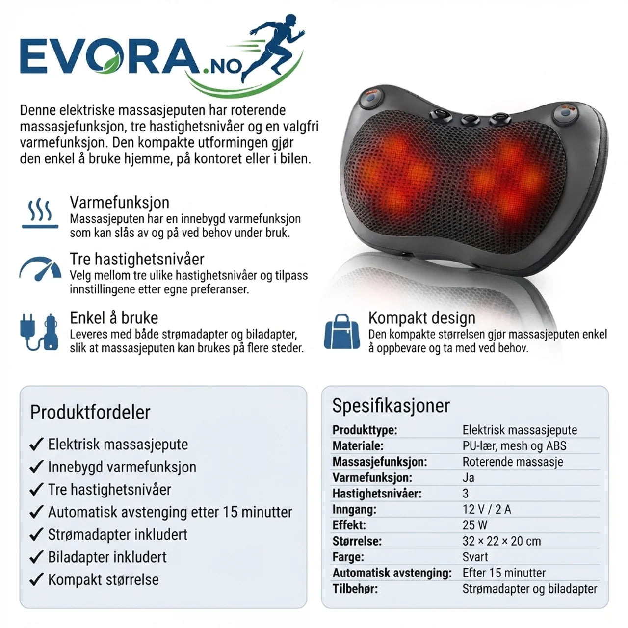 Massasjepute med varme elektrisk massasjepute 3 hastigheter