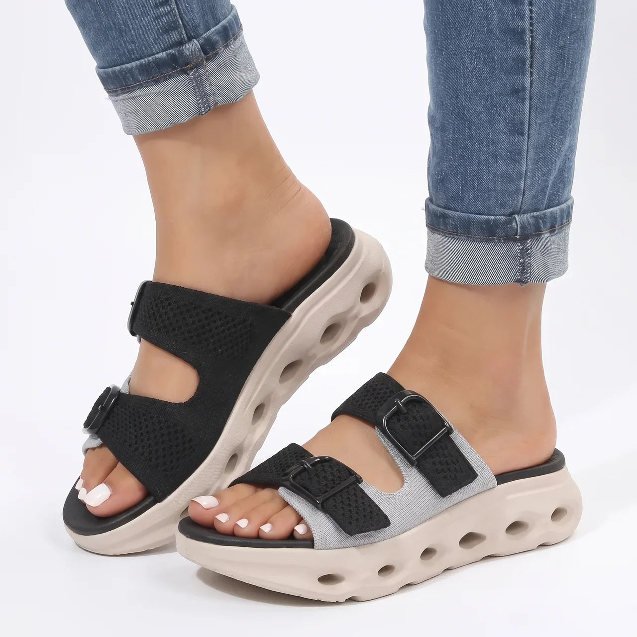 Sandaler dame med tykk såle justerbare spenner slip-in sommersandaler