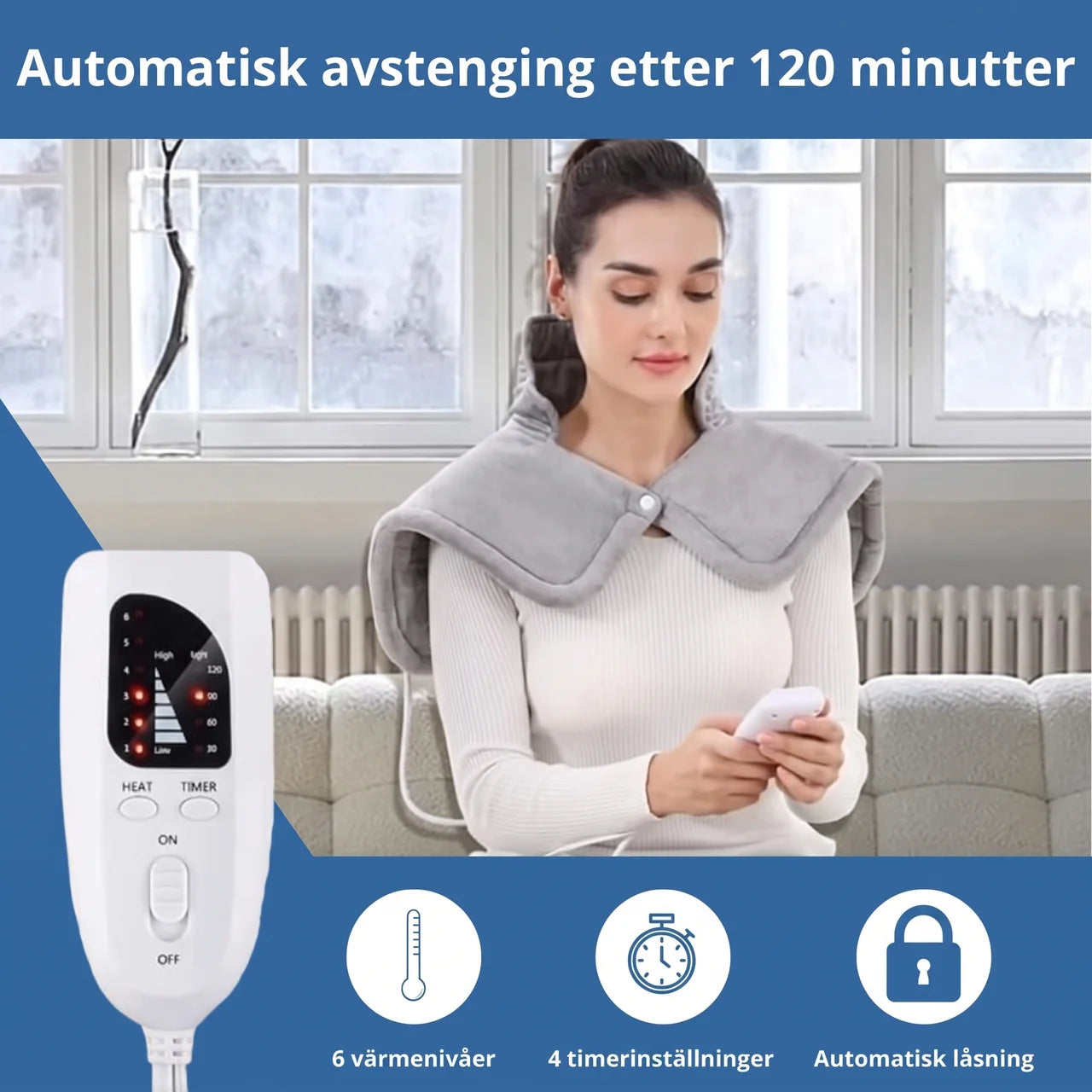 Varmedyne for nakke og skuldre med 6 varmenivåer og timer