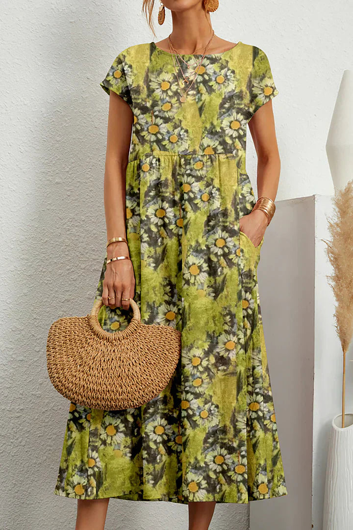 Alva | Midi Sommerkjole med Blomsterprint – Løs og Komfortabel Passform