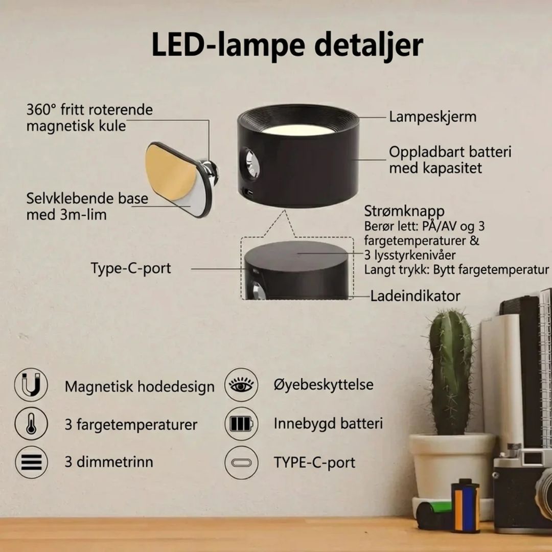 Trådløs Vegglampe med Justerbart LED-lys