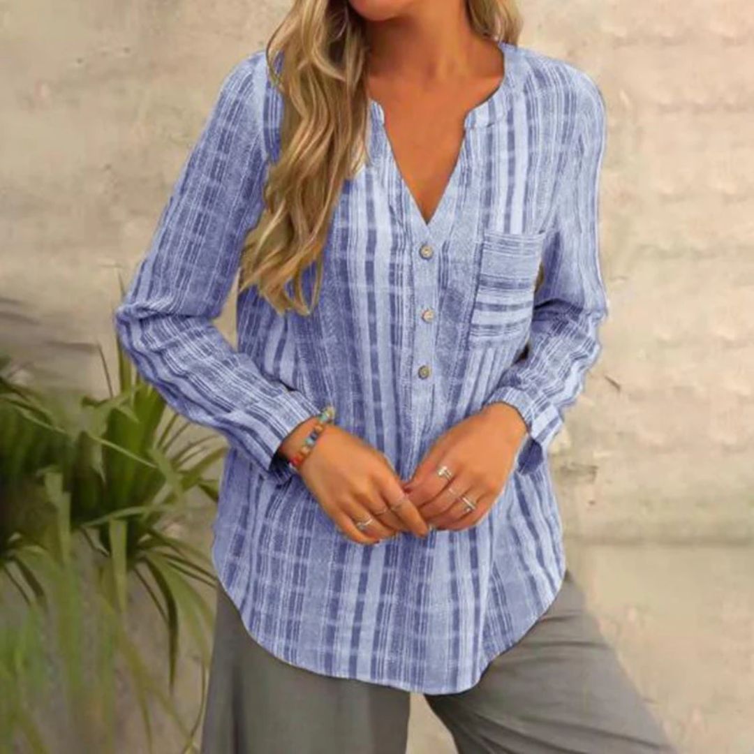 Turid | Stripete Bluse med V-Hals – Langermet og Uformell