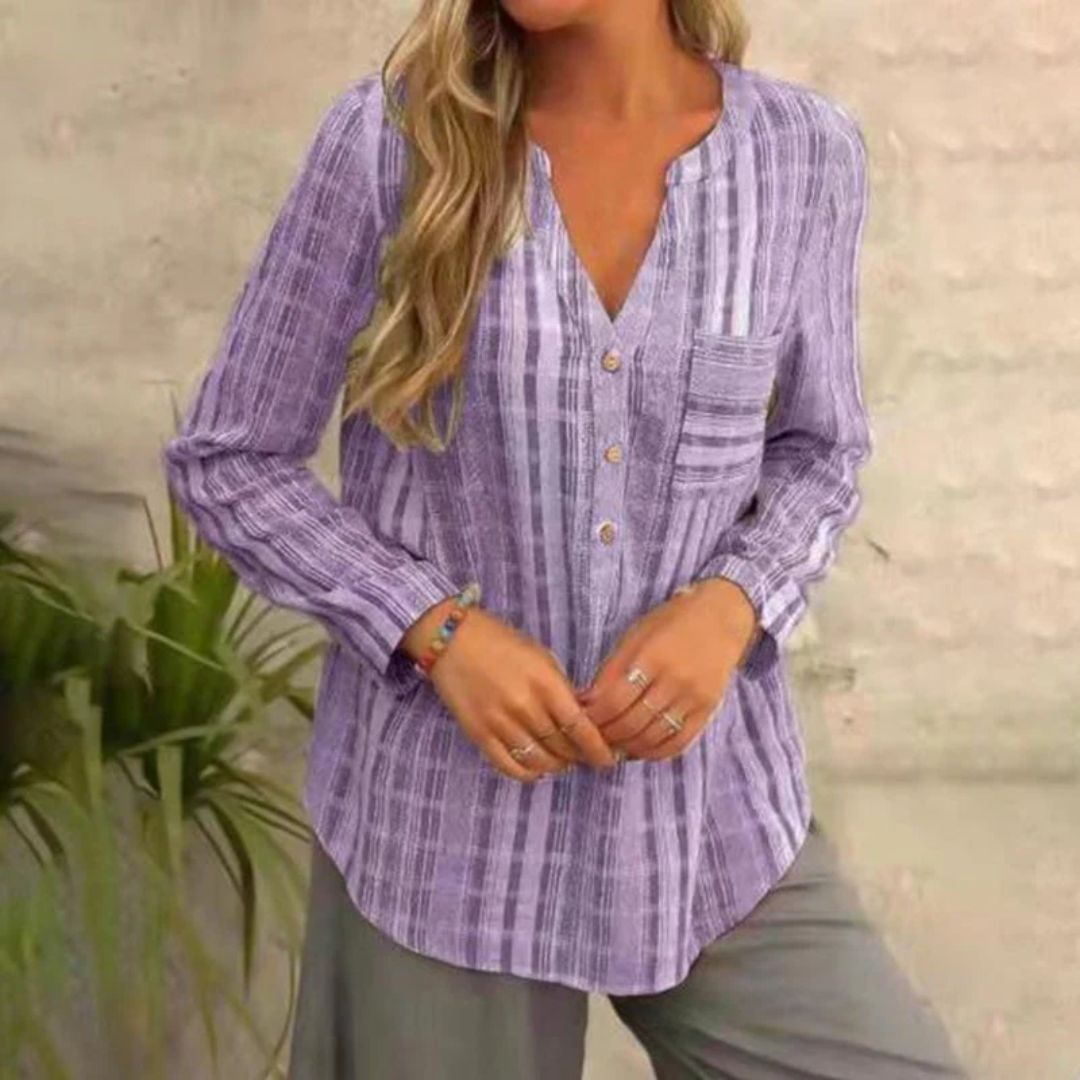 Turid | Stripete Bluse med V-Hals – Langermet og Uformell