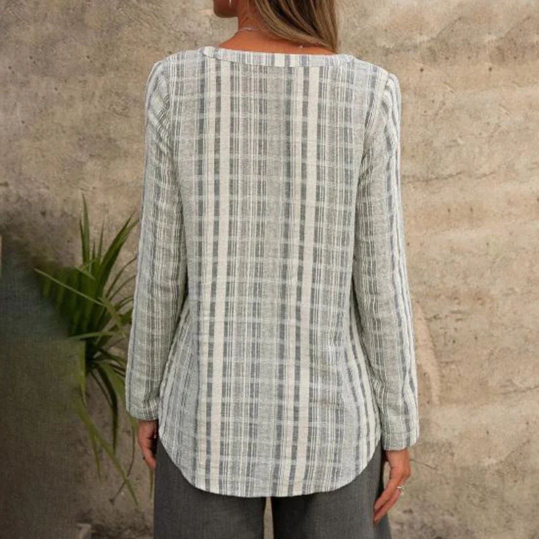 Turid | Stripete Bluse med V-Hals – Langermet og Uformell